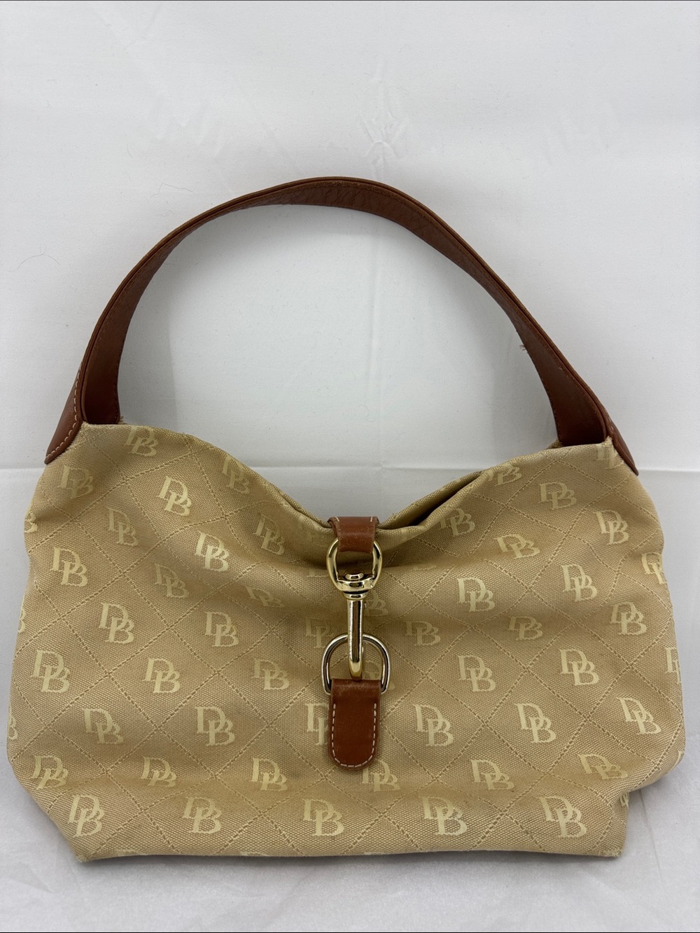 Dooney & Bourke Hobo Shoulder Bag Purse, Beige w/ Cream DB Signature Logo